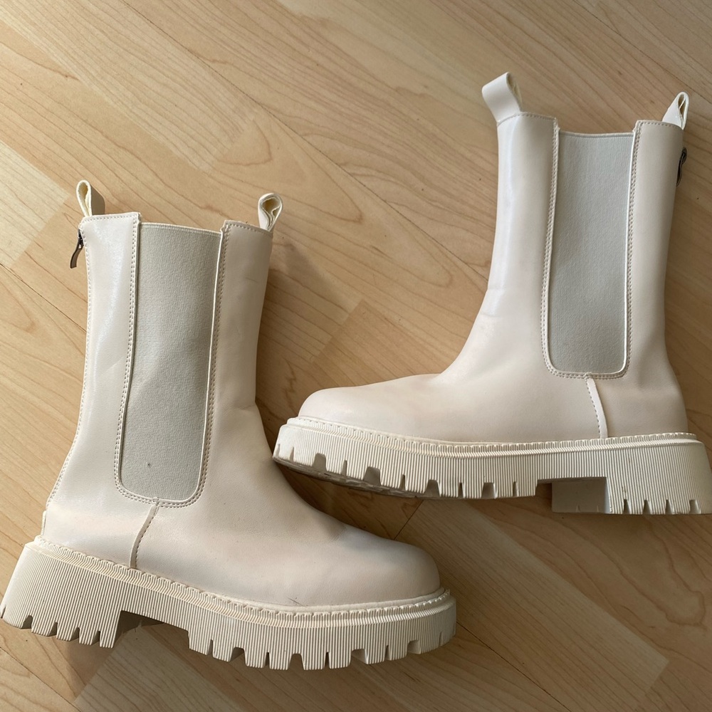 White/Cream Mid-Calf Chunky Boots